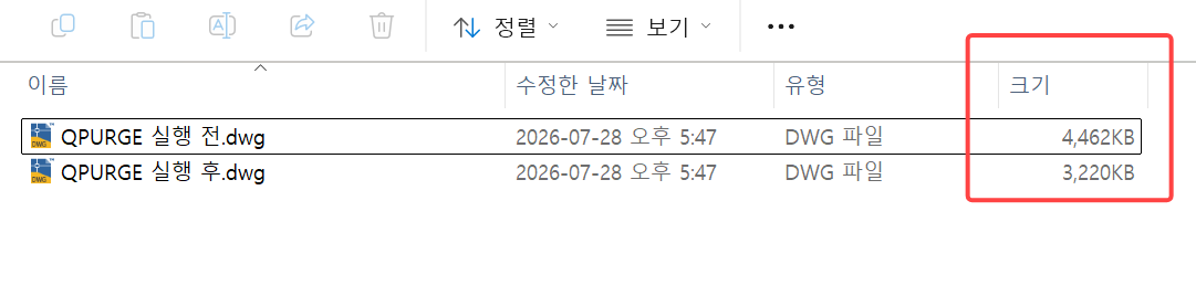 파일 탐색기에서 QPURGE 실행 전 도면은 4,462KB, 실행 후 도면은 3,220KB로 표시된 실제 파일 크기 비교